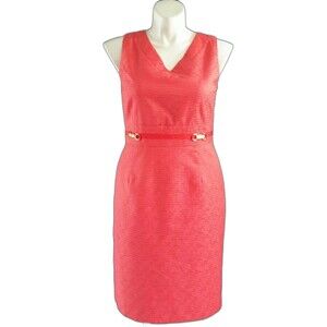 Tahari Levine Dress 14 Red Orange Polka Dot Wood Buckle Church Career NWOT $128